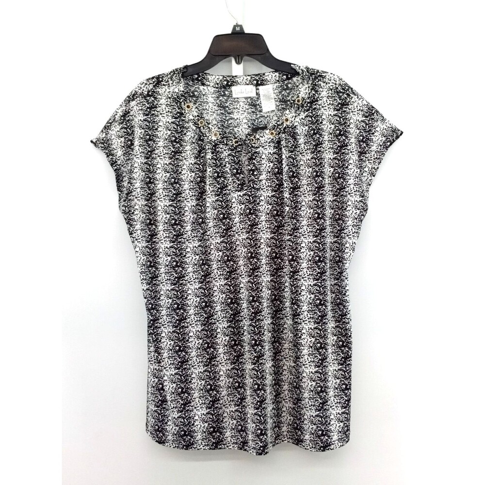 Linda Leal Blouse Women Size 1X Black White Cap Sleeve Split V Neck Top NWT